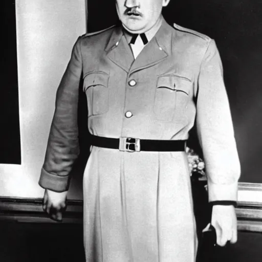 Prompt: black and white 1940 photograph of hitler wearing a tight-fitting dress