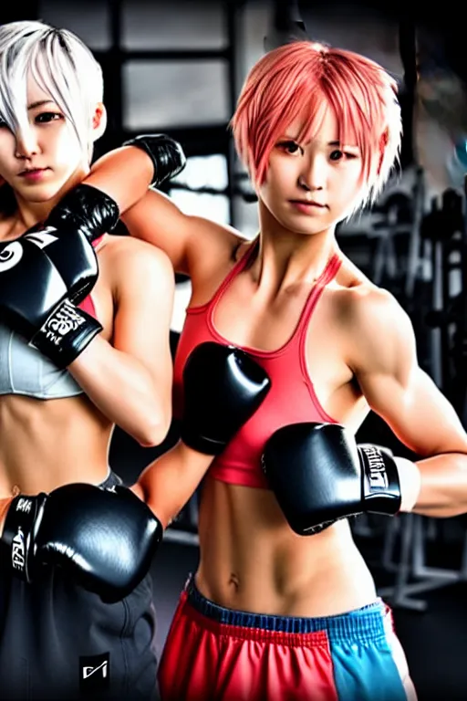 Prompt: two beautiful female fighters with short hair facing each other in the gym, gorgeous features, high definition, sharp focus, detailed anime art