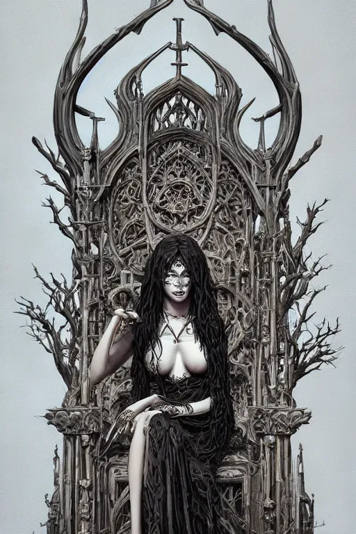 Image similar to an illustration of the blind bone goddess on her throne of bones, full figure, intricate, gothic, highly detailed, digital painting, trending on artstation, smooth, sharp focus, illustration, art by greg rutkowski, loish, rhads, makoto shinkai and lois van baarle, ilya kuvshinov, rossdraws