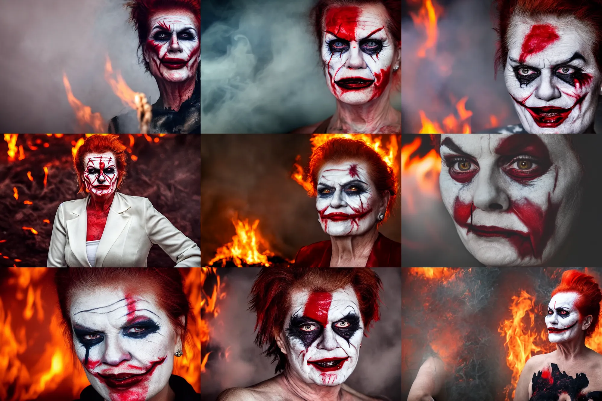 Prompt: Perfect latent space representation of Pauline Hanson with smudged red and white makeup like The Joker, standing in hell surrounded by fire and flames and bones and brimstone, portrait photography, depth of field, bokeh