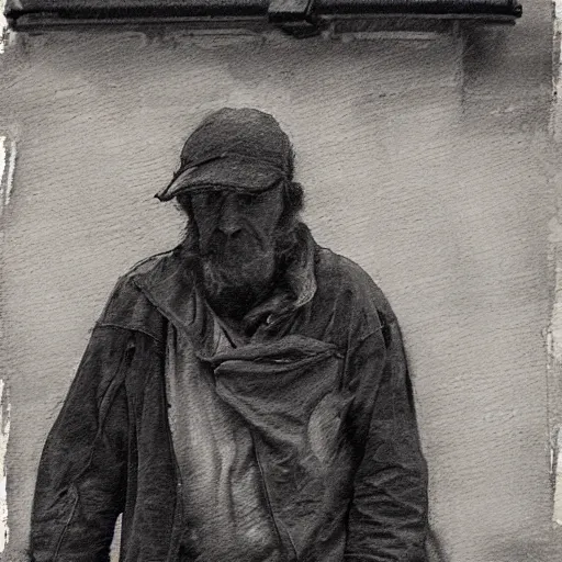 Prompt: portrait of a homeless man in New York city, matte paint, sharpen, raining