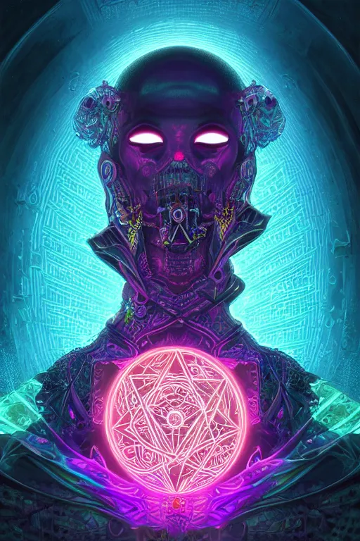 Prompt: Portrait of geometric masked necromancer, psychedelic, vaporware, glowing techcore symbols, glowing occult symbols, cinematic, ornate, highly detailed, gloomcore illustration, Marc Simonetti, Giger, Satoshi Kon, 8k,