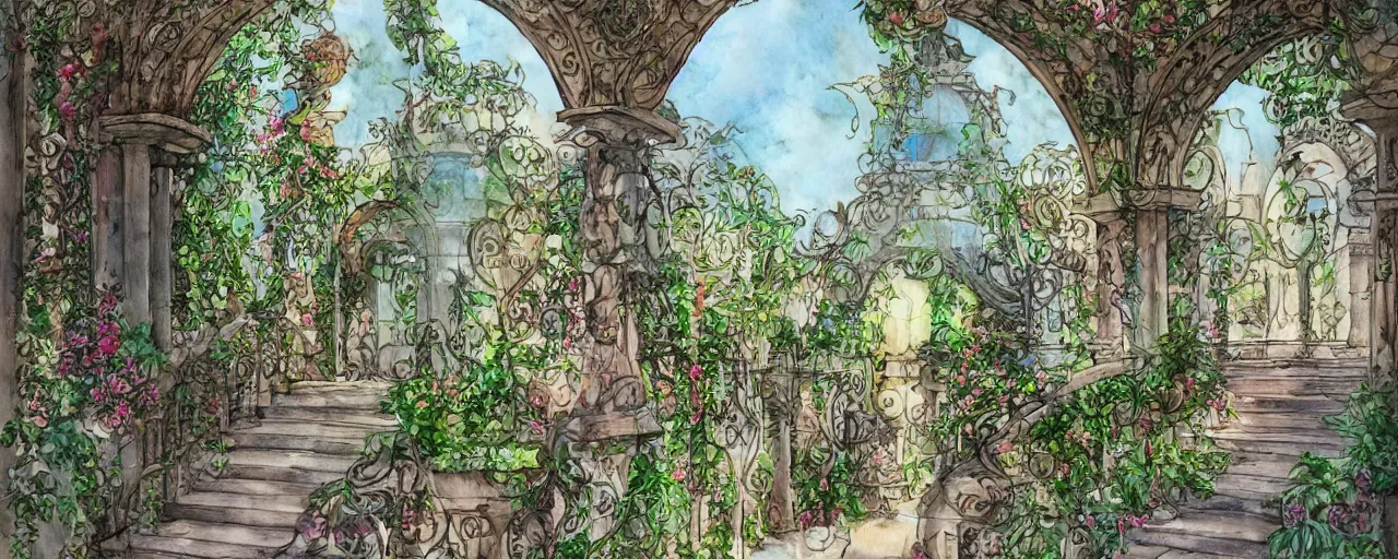 Prompt: courtyard walkway, inflatabel fountain, castle, stairway, chairs, wrought iron, gate, botanic garden, botanical herbarium paper, watercolor colored painting, iridescent colors, realistic shaded, fine, artstation, italian style, colonnade ornate headdress, craving, carved, insanely detailed