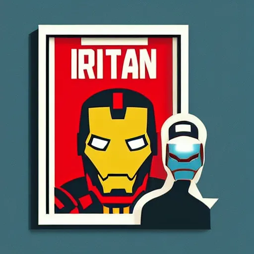 Prompt: retro poster with a painting of a iron man, an art deco painting by tom whalen, trending on behance, art deco, digital illustration, storybook illustration, art deco, flat shading, vector art, airbrush