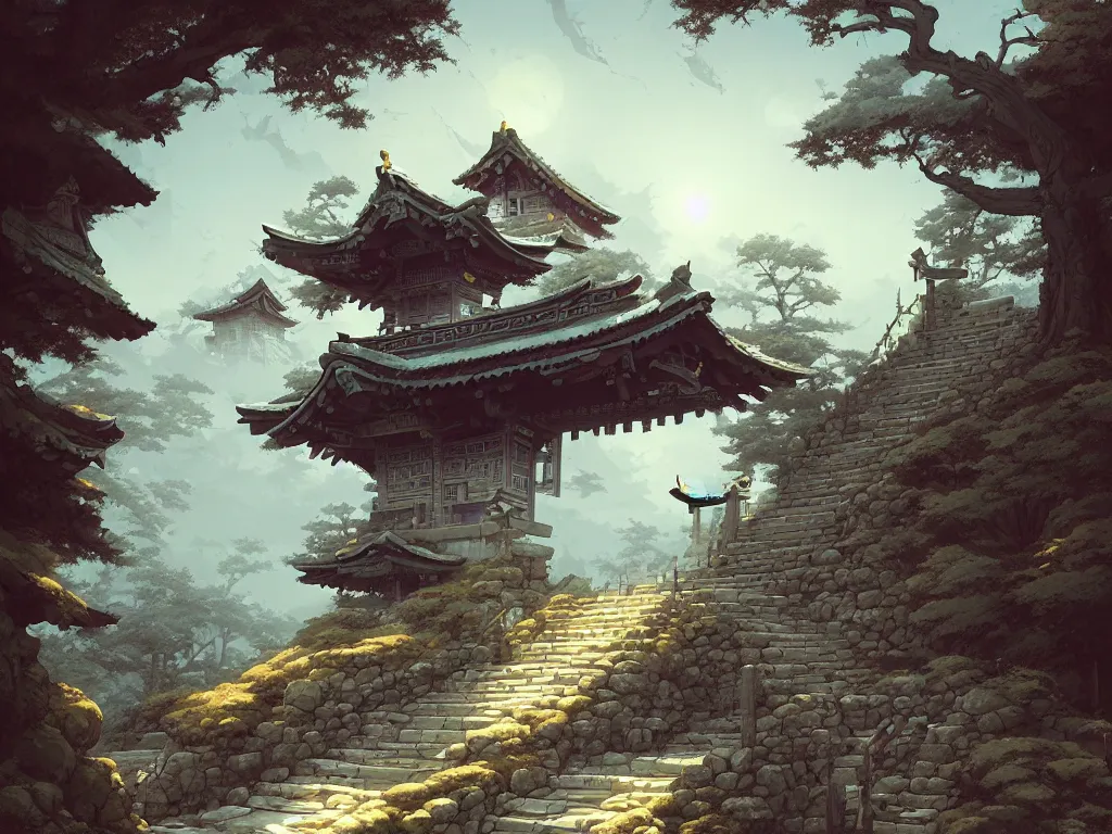 Image similar to a simple shinto gate stands atop stone stairs on a mountain, by peter mohrbacher and dan mumford and nekro, cgsociety, volumetric light, 3 d render