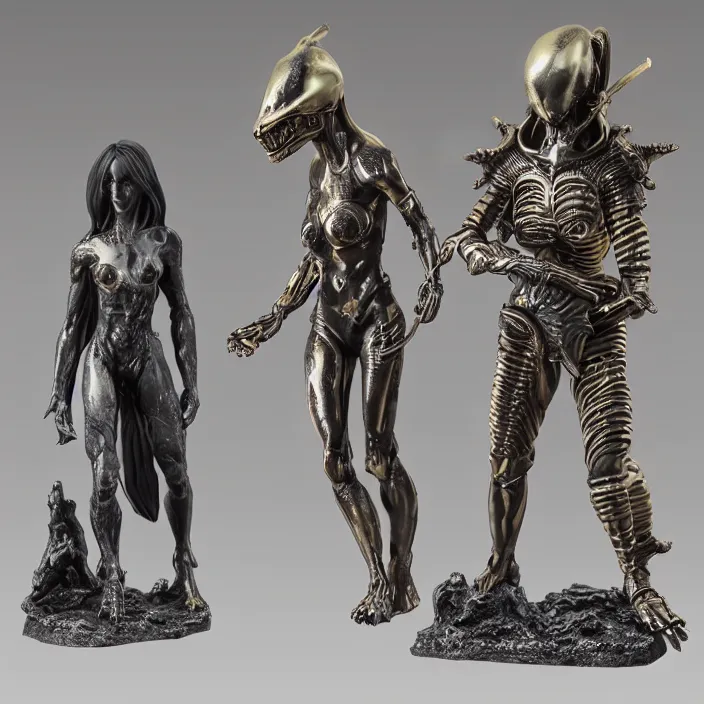 Image similar to 80mm resin detailed miniature of a Alien and a Female warrior, Product Introduction Photos, 4K, Front view, Full body