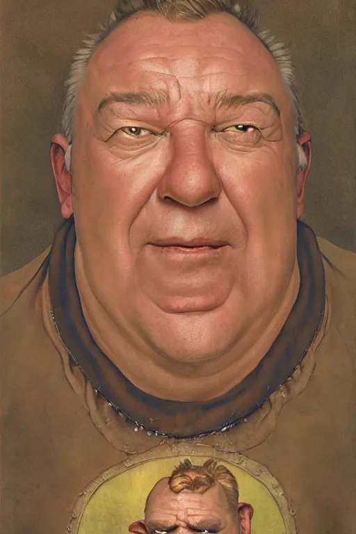 Image similar to upper body portrait of clean-shaven ray winstone as a toad hybrid high priest by norman rockwell and boris vallejo