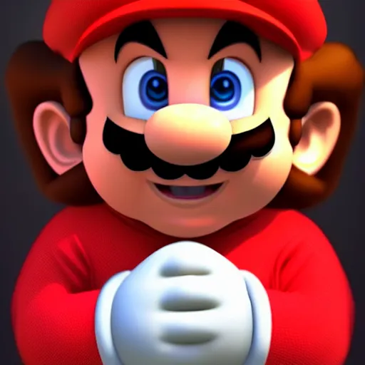 Image similar to mario if he real, photorealistic, cgi render, disturbing, actual human face