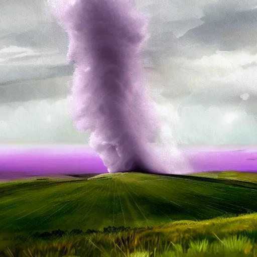 Image similar to a tornado in the distant landscape, hdr, artstation, shuttershock, 4 dimensions purple background