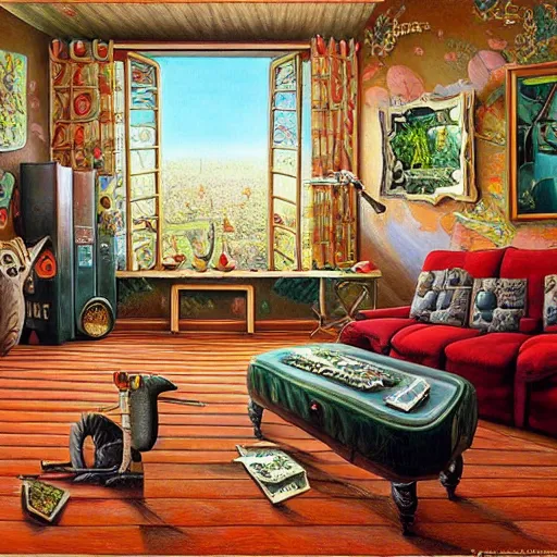 Image similar to a painting of a living room, a surrealist painting by jacek yerka, cgsociety, fantastic realism, maximalist, surrealist, detailed painting