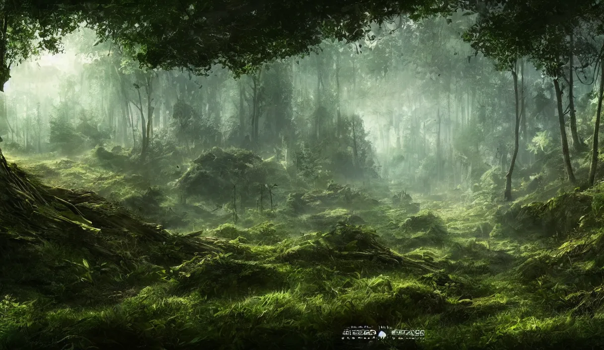 Prompt: a clearing in the forest, sharp focus, matte painting, illustration, concept art, ancient city covered in foliage