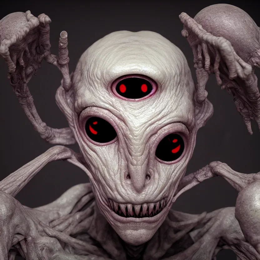 Prompt: pale humanoid alien with nightmarish eyes that never blink, horror game graphics, horror monster design concept art, 4k, octane render, unreal render, indie video game horror