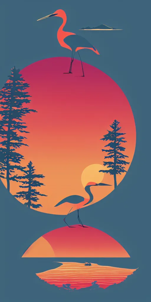 Image similar to shirt design, vector style, a crane and a lake in forest of pines, big red sun, fresh modern look, made with photoshop,