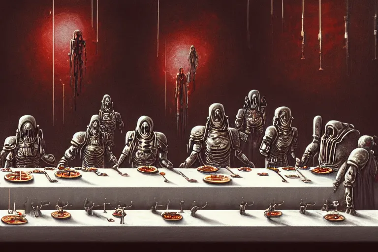 Image similar to painting of tech priests dining at the last supper, adeptus mechanicus!, cybernetic enhancements attached to their bodies, praise the omnissaiah, zdzislaw beksinski, lewis jones, mattias adolfsson, warhammer 4 0 k!!, cold hue's, warm tone gradient background, concept art, digital painting