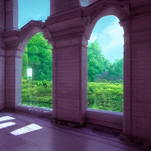 Image similar to vaporwave mansion, liminal space, high detail, rendered in unreal engine, 3d render, god rays, volumetric lighting, large windows, baroque, vegetation