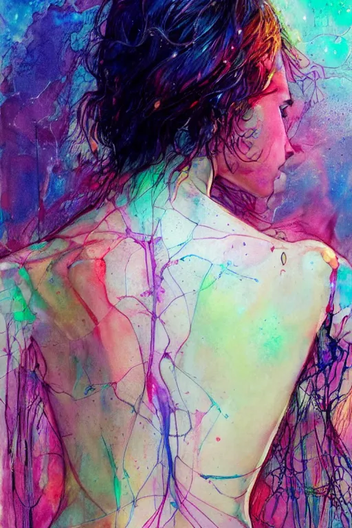 Image similar to gal gadot by agnes cecile enki bilal moebius, intricated details, 3 / 4 back view, full body portrait, extremely luminous bright design, pastel colours, drips, autumn lights