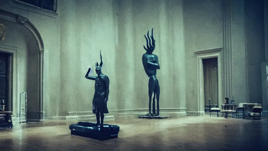 Image similar to the strange creature in city hall, made of wax and water, film still from the movie directed by Denis Villeneuve with art direction by Salvador Dalí, wide lens