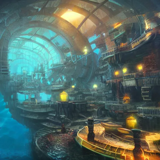 Image similar to underwater city with lots of activities going on, volumetric lighting, dynamic lighting, high detail photo realistic, 4k,hdr