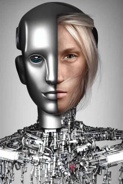 Image similar to robot with human face, female head, full body angle, woman human face, human face realistic, beautiful blonde hair, human head, human head with blonde hair, blonde hair human head, blonde hair, human realistic face, human head skin, cyborg frame concept, cyborg by ales-kotnik, sci-fi android female, the body is made of wires, robotic body, cyborg body, cyborg bust body, robot body cyborg, full body