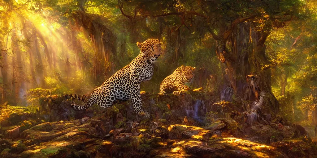 Prompt: leopard in the forest, magical energies emanating from it, god rays, wide angle, fantasy art, matte painting, sharp focus, vibrant colors, high contrast, illustration, art by justin gerard