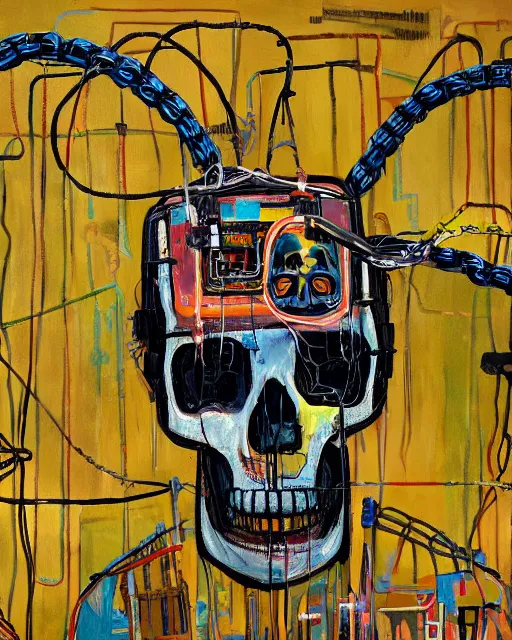 Image similar to oil neo expressionism painting of cyberpunk skull skeleton tethered to a bunch of wires and cords and chains wearing a vr oculus headset by basquiat