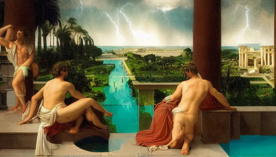 Image similar to From the balcony of the giant Palace, mediterranean balustrade and columns, refracted line and sparkles, thunderstorm, greek pool, beach and Tropical vegetation on the background major arcana sky and occult symbols, by paul delaroche, hyperrealistic 4k uhd, award-winning, very detailed paradise