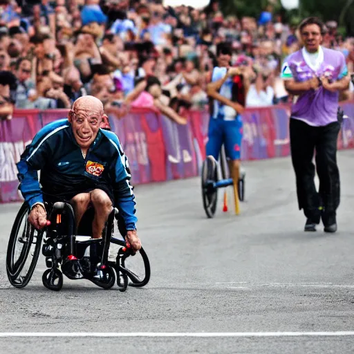 Prompt: photo of hector salamanca winning a wheelchair race, taken with a canon eos 5 d,