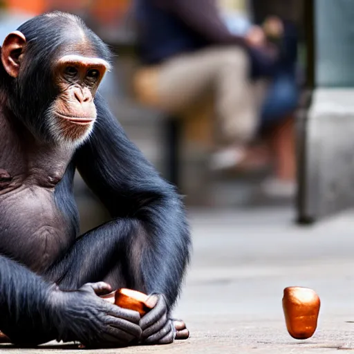 Image similar to a chimpanzee picking up pennies on a street in manhattan, depth of field, breathtaking, detailed and intricate environment, 8 k resolution, hyperrealistic