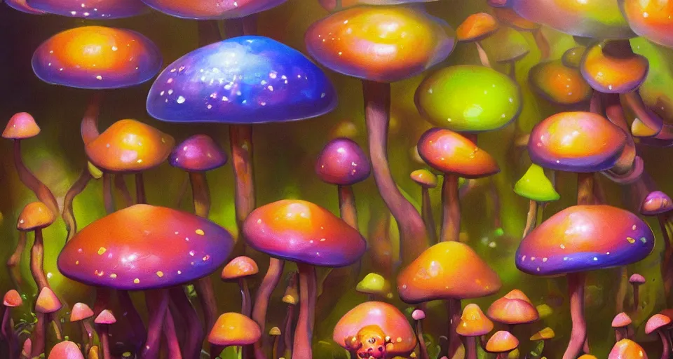 Image similar to a beautiful painting of trippy mushrooms by Tokio Aoyama, Mario Martinez, David Normal. photorealistic, trending on artstation, dramatic lighting, 8K, fantasy beautiful, surreal, cinematic.