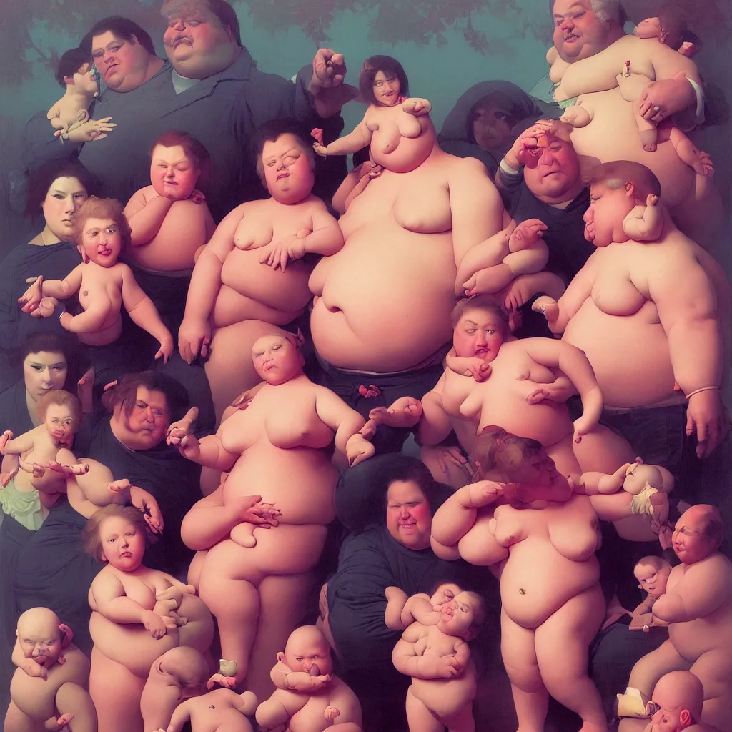 Image similar to sad and disturbing portrait of happy obese american family, vivid colors, neon, art by ( ( ( kuvshinov ilya ) ) ) and wayne barlowe and francis bacon and artgerm and wlop and william - adolphe bouguereau