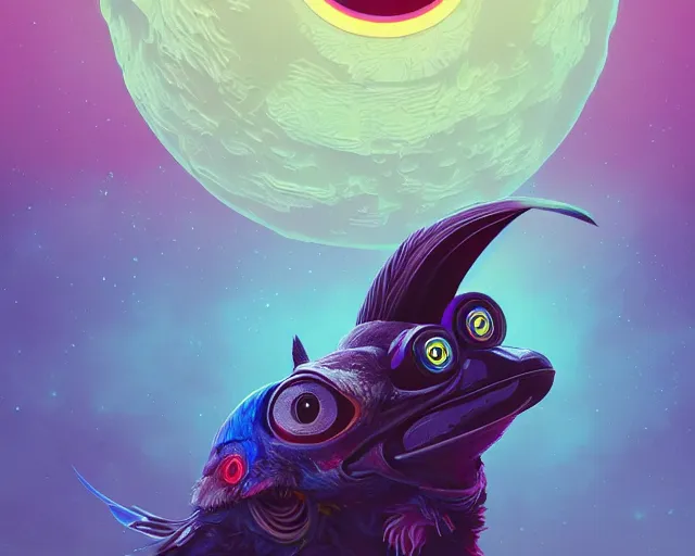 Prompt: tucan on the moon with neon cute giant eyes, intricate abstract. intricate artwork, by tooth wu, wlop, beeple, dan mumford. concept art, octane render, trending on artstation, greg rutkowski very coherent symmetrical artwork. cinematic, key art, hyper realism, high detail, octane render, 8 k, iridescent accents