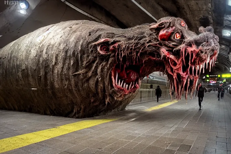 Image similar to very large giant mutant zombie irradiated ( angry rat ) staying on railways in tonnel of moscow subway. tonnel, railways, giant angry rat, furr, fangs, very realistic. extreme long shot, rusty colors, anish kapoor, herman nitsch, giger.