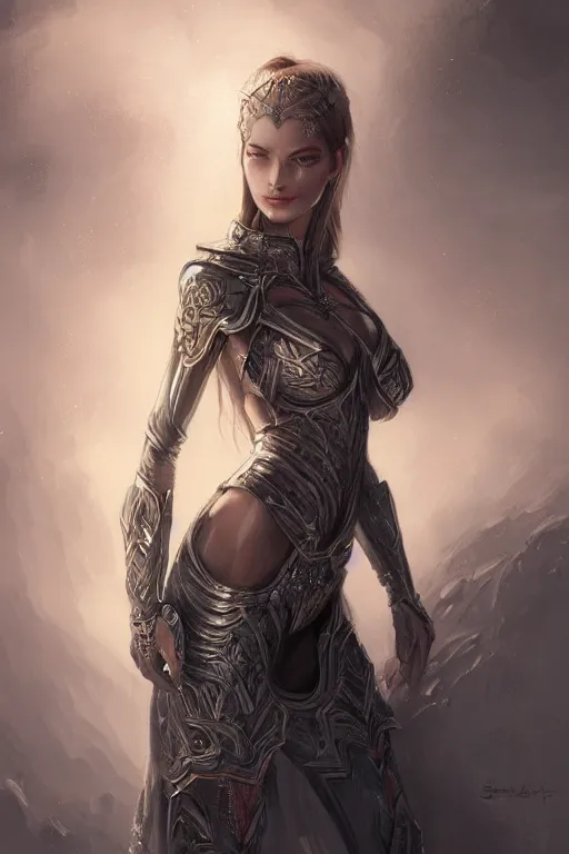 Image similar to three-quarters portrait pose of a beautiful woman, slim body, shining armor, human warrior, fantasy, intricate, elegant, highly detailed, digital painting, artstation, concept art, matte, sharp focus,D&D, illustration, art by Stanley Lau