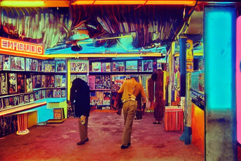 Image similar to Large gorilla shopping, inside of a 1970s music store store, neon lights, dirty, ektachrome photograph, volumetric lighting, f8 aperture, cinematic Eastman 5384 film