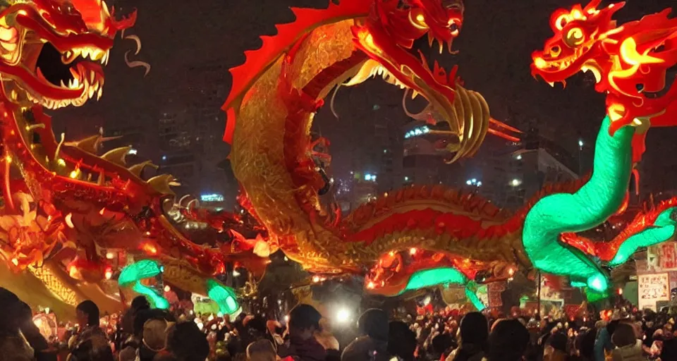 Image similar to glowing dragon puppets at chinese new year parade, beautiful, soft lighting, artstation, storybook