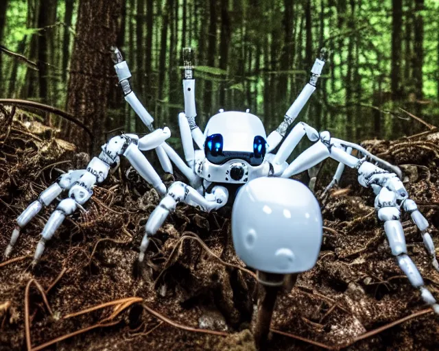 Prompt: photo of a white terminator spider with heavy duty biomechanical hydraulic cybernetic body with antennas and visor cogs and gears and components in the forest. cyberpunk horror style. highly detailed 8 k. intricate. nikon d 8 5 0 5 5 mm. award winning photography.