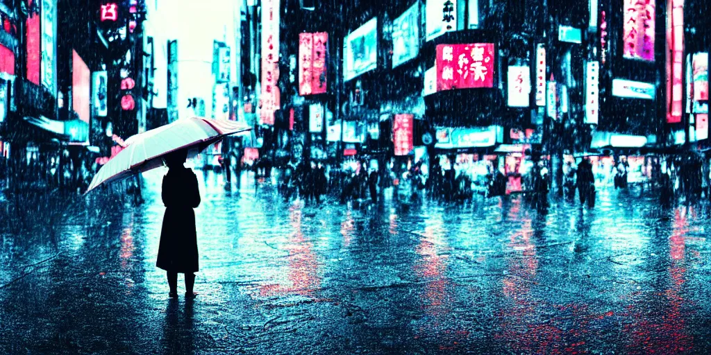 Prompt: A lonely woman with an umbrella waiting to cross Shibuyas crossing in Japan, back facing the camera, rainy afternoon, beautiful volumetric lighting, intricate, digital painting, cyberpunk colours