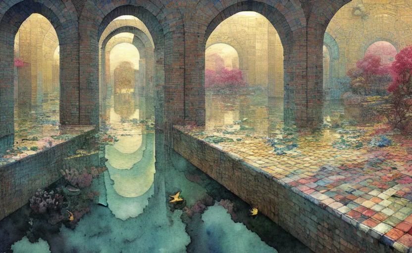 Image similar to tiled room squared waterway, aqueducts, fantasy. intricate, amazing composition, colorful watercolor, by ruan jia, by maxfield parrish, by marc simonetti, by hikari shimoda, by robert hubert, by zhang kechun, illustration, gloomy