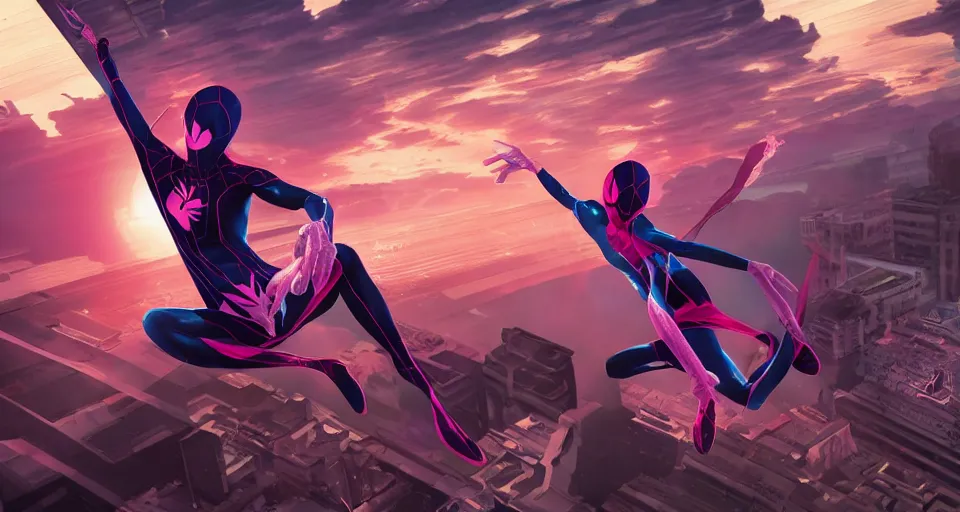 Image similar to Marvel Comics SpiderGwen, bats, sunset, volumetric lighting, hyperrealistic, beautiful details, HDR, octane render, action shot, wide angle, bokeh, Yasushi Niarasawa Moebius Jim Steranko John Byrne Style