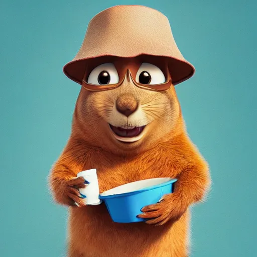 Image similar to a squirrel wearing a bucket hat. pixar.