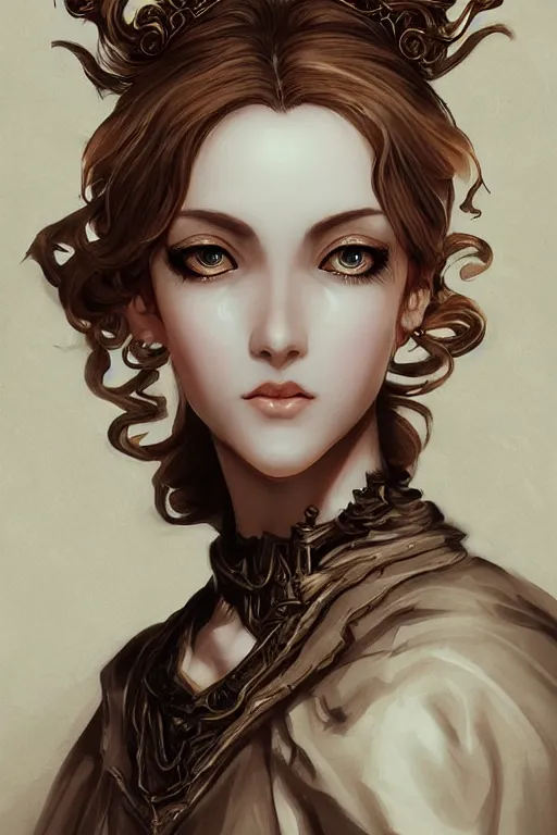 Image similar to portrait of a woman's face, baroque style, elegant, beautiful, mesmerizing, concept art, fancy clothing, highly detailed, artstation, trending, inspired by innocent manga, inspired by castlevania concept art, by ayami kojima, shinichi sakamoto