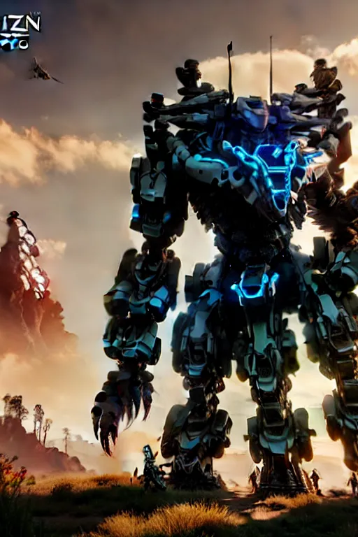 Image similar to a cinematic still from horizon zero dawn and pacific rim and westworld, full body mech, armored core, intact humanoid servo, octane render, nvidia raytracing demo, masterpiece, aged armor plating, decipticon armor plating, aggressive head, endoekeleton exposure