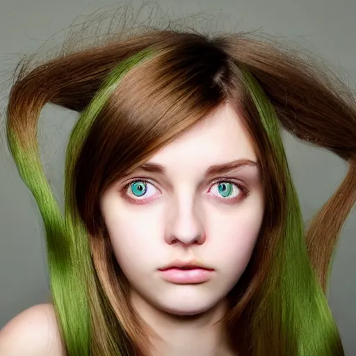 Prompt: brunette with dyed blonde hair, 18 years old, 155 cm tall, long wavy hair, green big eyes, small nose, small mouth, round shaped face, big forehead, lop eared, full body shot, thin eyebrows, real life photograph