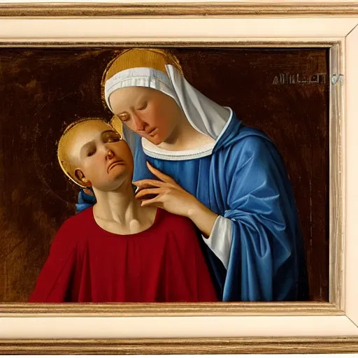 Prompt: original oil painting of mother mary crying tears by alessandro allori fra angelico