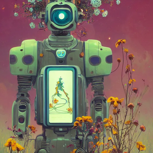 Prompt: a beautiful painting of a robot covered with flowers by simon stalenhag and pascal blanche and alphonse mucha!! and nekro and josan gonzalez. in style of digital art. colorful comic, film noirs, symmetry, brush stroke, vibrating colors, hyper detailed. octane render. trending on artstation