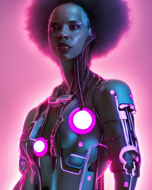 Image similar to portrait of a beautiful black woman with pink hair as a cyberpunk cyborg half robot, revealing wires and electronics, sci - fi, missing panels, intricate abstract upper body intricate artwork, concept art, octane render, deviantart, cinematic, key art, hyperrealism, iridescent accents, portrait photograph, nikon 3 5 mm, photograph by greg rutkowski