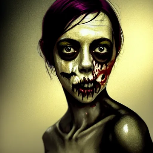 Image similar to color head portrait of aubrey plaza as a really cute zombie, 7 days to die zombie, gritty background, fine art, award winning, intricate, elegant, sharp focus, cinematic lighting, digital painting, 8 k concept art, art by michael hussar, art by brom, art by guweiz and z. w. gu, 8 k