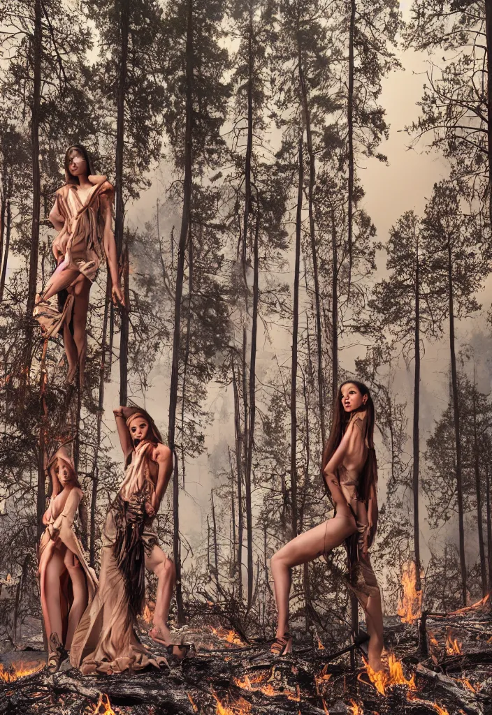 Image similar to fashion editorial in forest fire. wide angle shot. highly detailed.