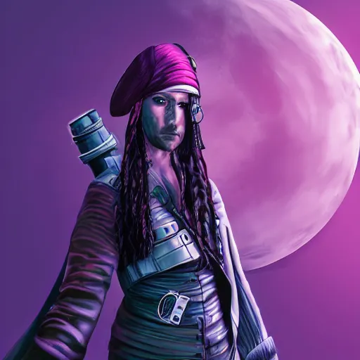 Prompt: a portrait photo of a futuristic sci - fi pirate, purple themed