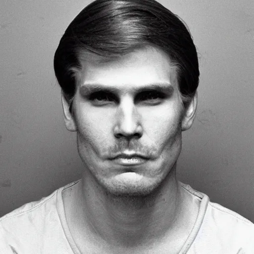 Image similar to A mugshot portrait of a man who looks like Jerma985 with short length wavy hair and a slightly receded hairline and bangs, has a chevron mustache and wearing mid 1980s menswear in the late 1980s, taken in the late 1980s, grainy, realistic, hyperrealistic, very realistic, highly detailed, very detailed, extremely detailed, detailed, trending on artstation, front facing, front view, headshot and bodyshot, detailed face, very detailed face